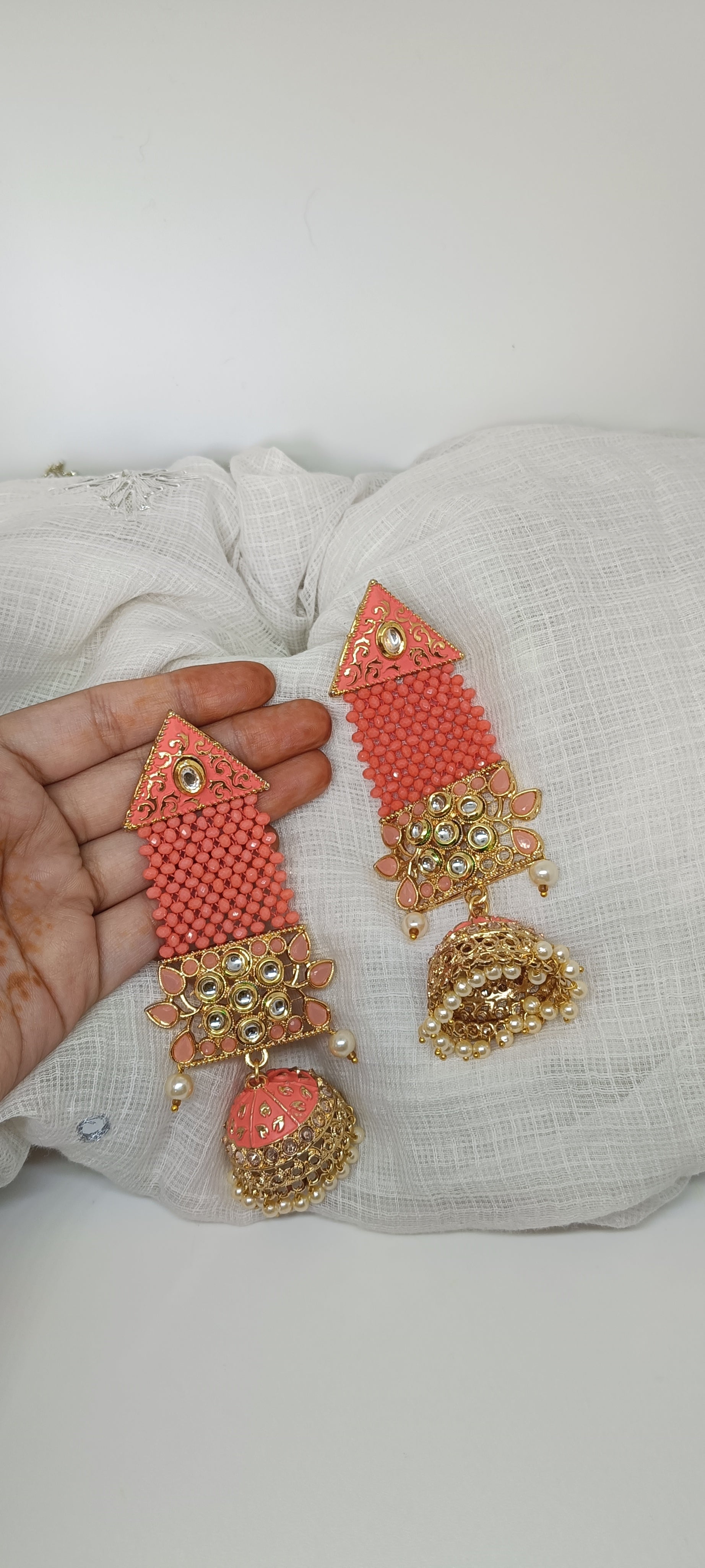 Peach & Gold Beaded Jhumka Earrings