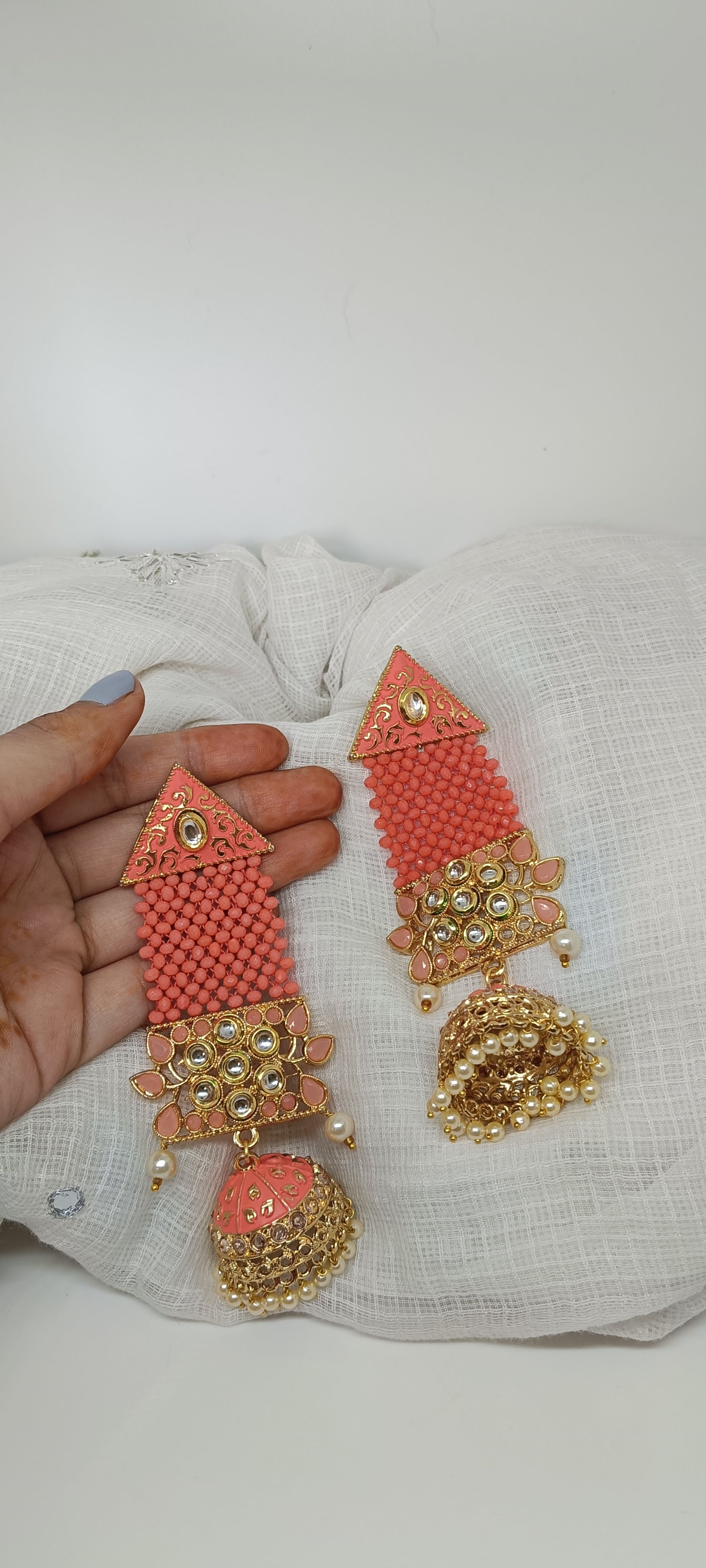 Peach & Gold Beaded Jhumka Earrings