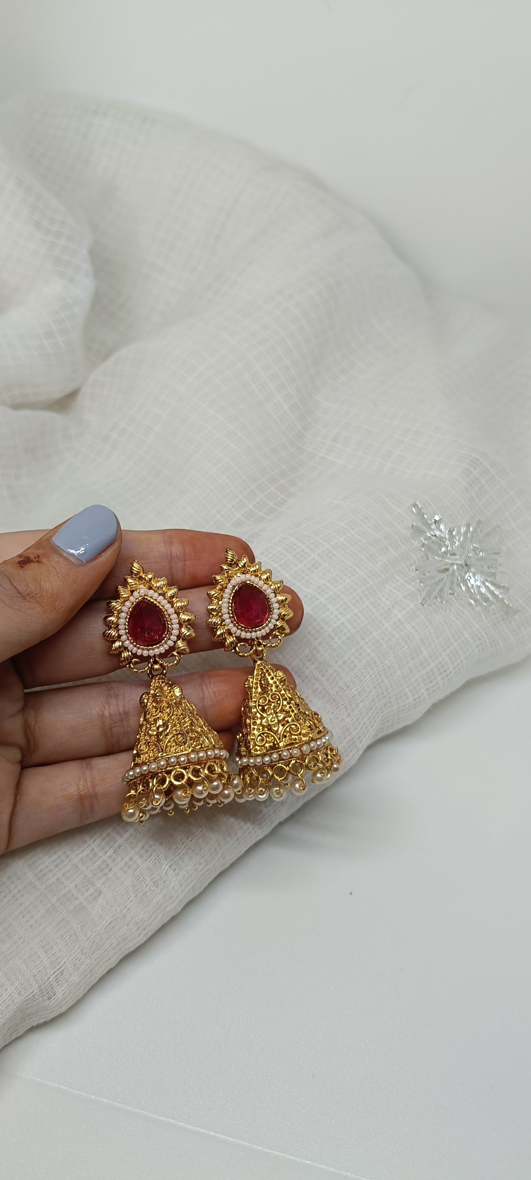 Pink Floral Stud with Layered Gold Jhumka
