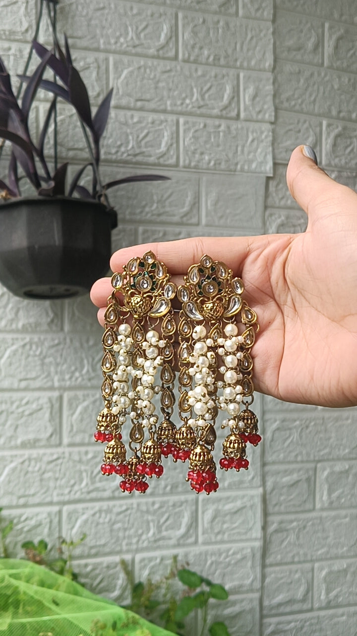 Long Pearl & Red Bead Traditional Earrings