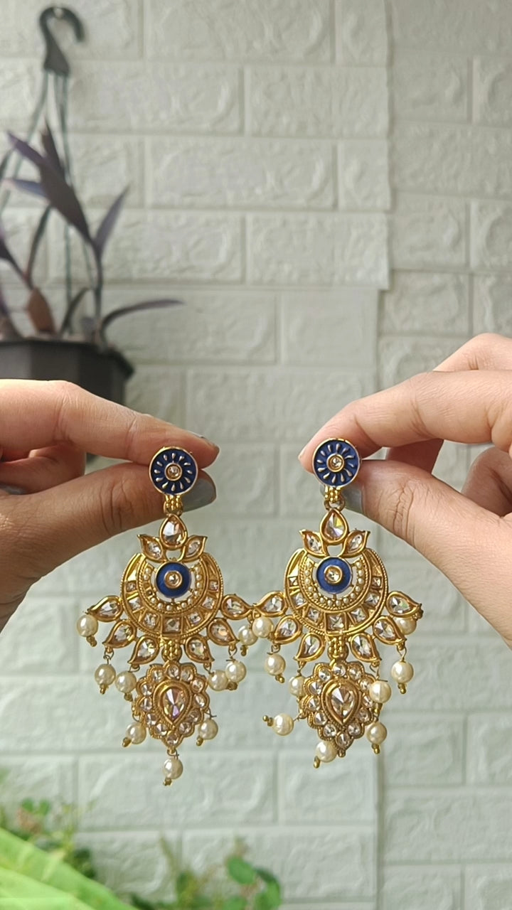 Blue Enamel & Kundan Chandbali Earrings with Pearl Drops