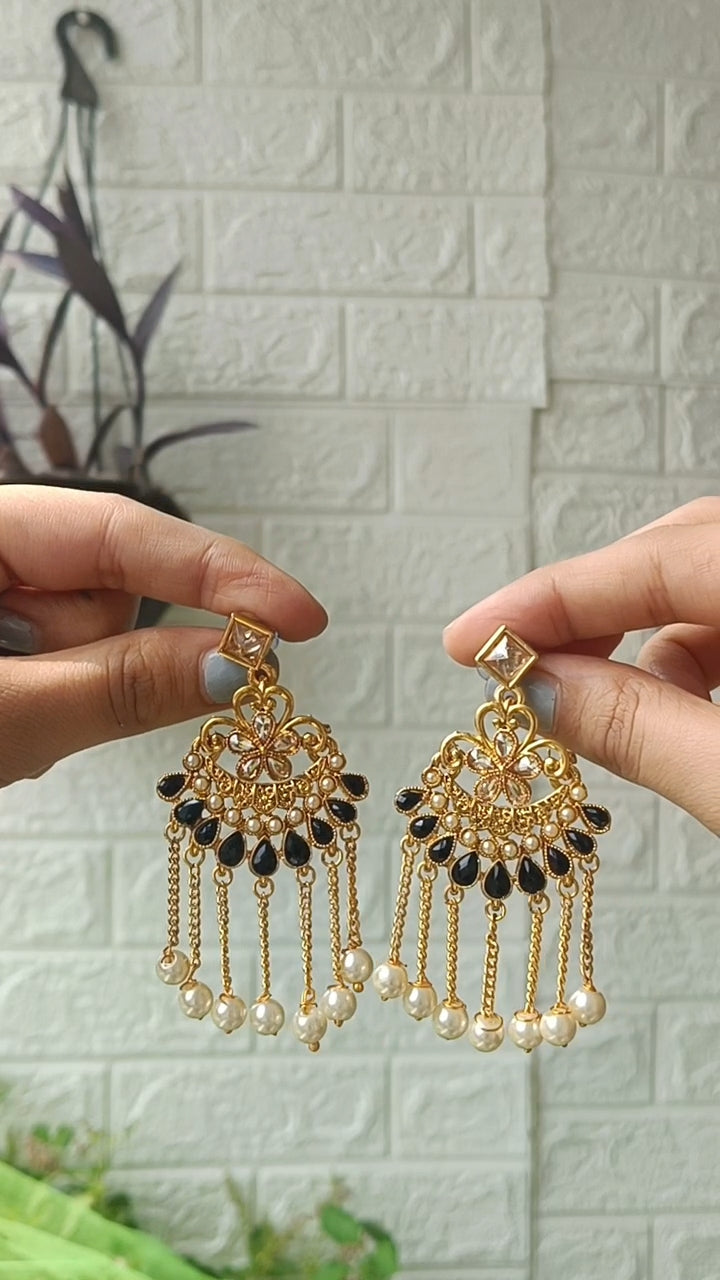 Black & Pearl Drop Chand Bali Earrings