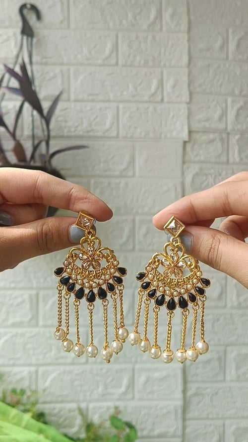 Black & Pearl Drop Chand Bali Earrings