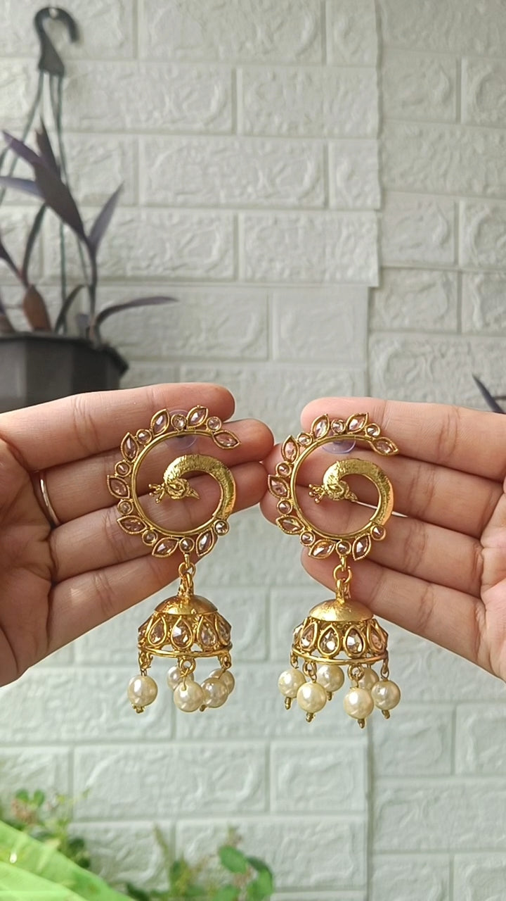 Gold Peacock Jhumka Earrings with Pearls