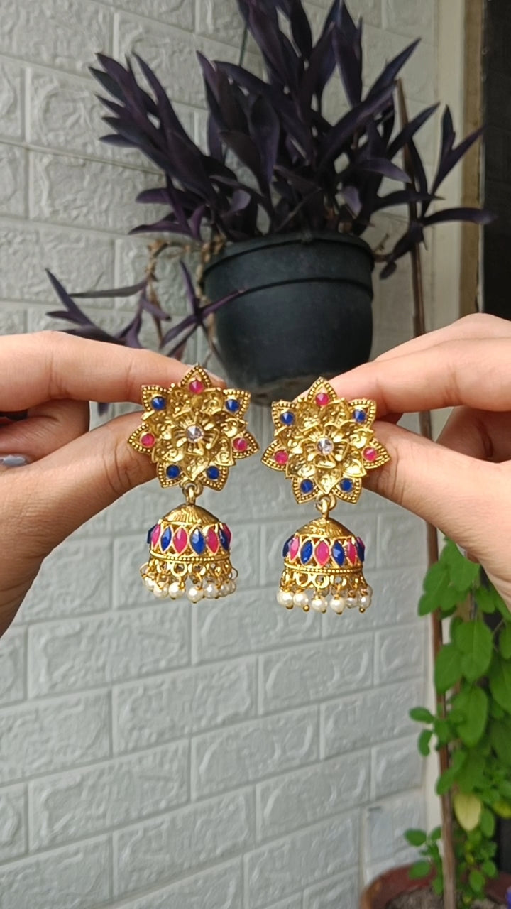 Floral Jhumka Earrings with Multicolor Enamel