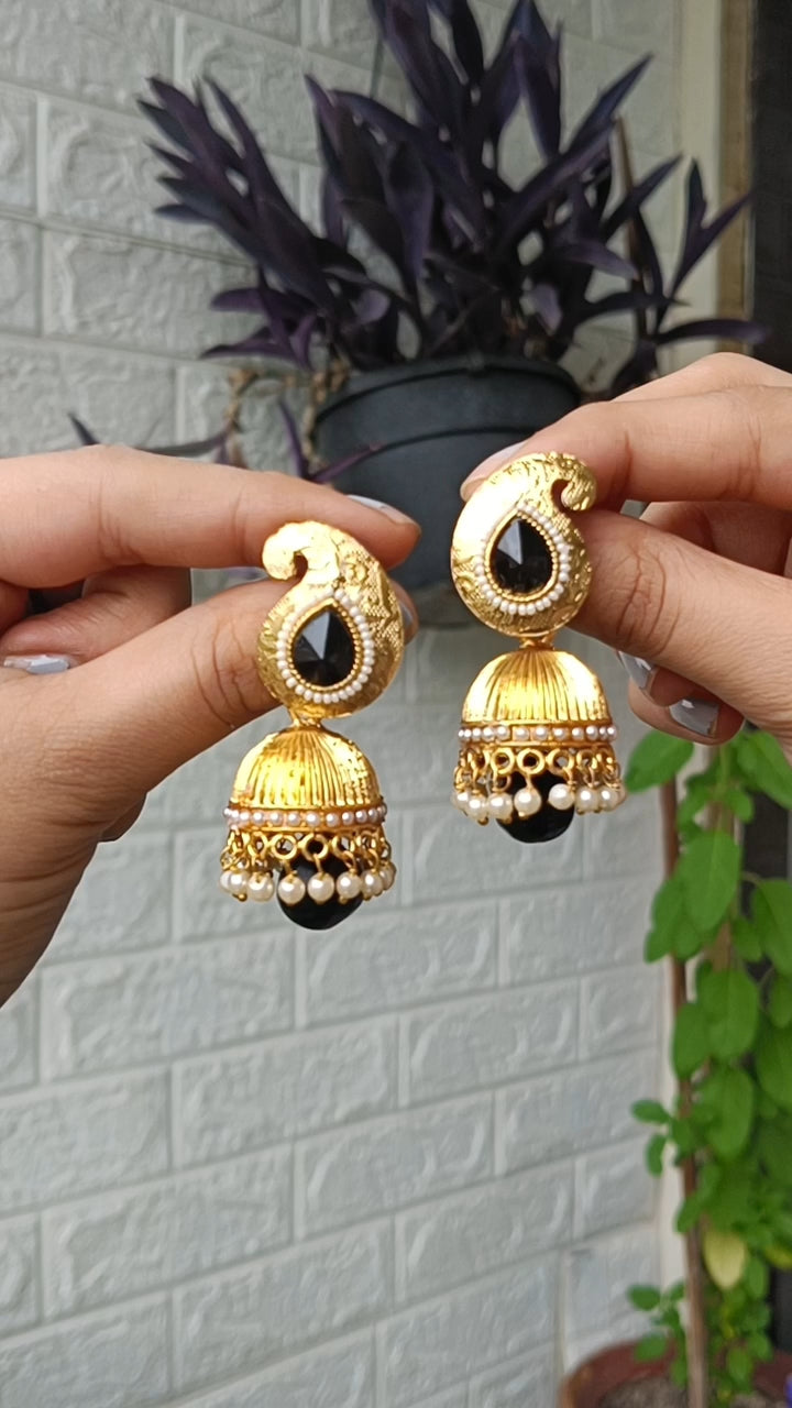 Black Stone Peacock Jhumka Earrings