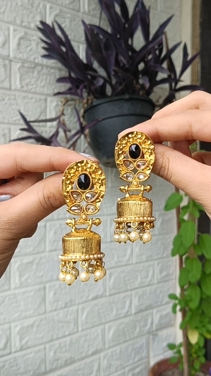 Jhumka Earrings with Black Stone & Pearls